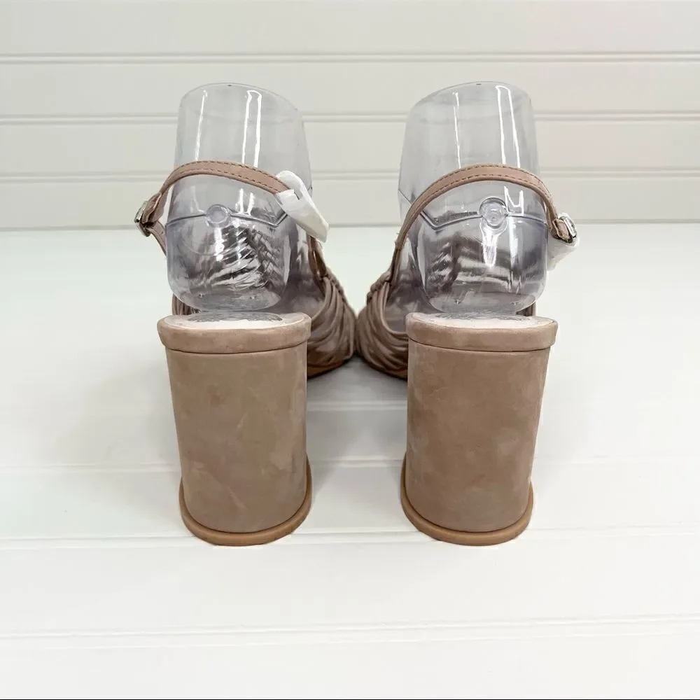 Nwot Vince Camuto Chamta Tan Suede Leather Lattice Block Heels 9